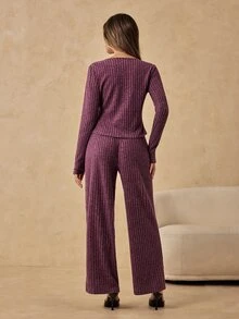 HautHeat 女款針織舒適休閒羅紋睡衣套裝，秋冬款 - 淺灰紫 - 查看 2
