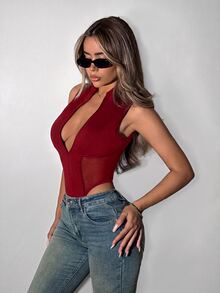 SHEIN ICON Y2K 女款萬聖節黑色性感時尚拉鍊網紗拼接連身衣 - 酒紅色 - 查看 8