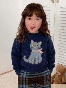 DAZY 嬰兒女童圓領卡通長袖秋冬毛衣幼兒 - 寶藍色 - 查看 8