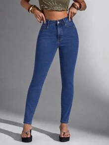 Flirla Women's Fashion Fitted Button Pocket Denim Jeans - Blue - View 5
