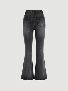 SHEIN Girlism Tween Girl Y2k Retro Kids Washed Slim Fit Stretchy Denim Flare Leg Jeans With Slant Pocket For Summer - Black - View 2