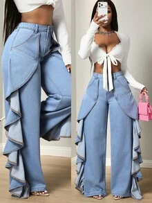 BamGleam Festival Size Denim Women's Blue Non-Stretch Slim Fit Ruffle Hem Straight Leg Pants - Light Wash - View 1