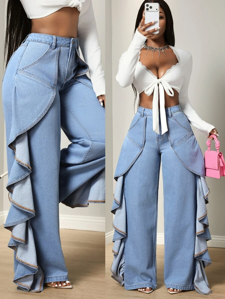 BamGleam Festival Size Denim Women's Blue Non-Stretch Slim Fit Ruffle Hem Straight Leg Pants - Light Wash - View 1
