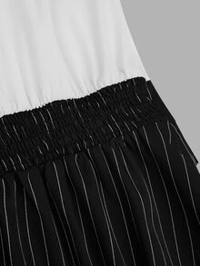Elenzga Plus Size Women's Autumn Fashion Office Commute Colorblock Patchwork Striped Print Cinched Waist Pleated A-Line Short Blouse Long Sleeve Dress Fall - Black and White - View 6