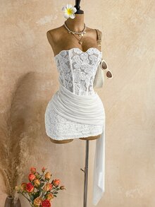 Soleia 女款性感度假無肩帶蕾絲紋理垂墜網紗抓皺胸衣迷你洋裝，適合海灘、郵輪、公路旅行、城市、約會、下午茶、波希米亞風、島嶼、夏季、音樂節、日常通勤、婚禮季、派對、嘉年華 - 杏色 - 查看 7