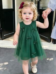 SHEIN Vintaside Kids 女嬰甜美夢幻粉色網紗洋裝，飾有可愛3D蝴蝶結裝飾，適合外出、度假與拍照拍攝 - 綠色 - 查看 4