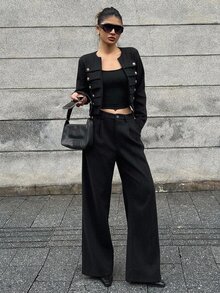 DAZY 女款兩件套：短版鈕扣裝飾羊毛混紡西裝外套與寬腿長褲，優雅通勤與街頭休閒風格，適合秋冬 - 黑色 - 查看 1