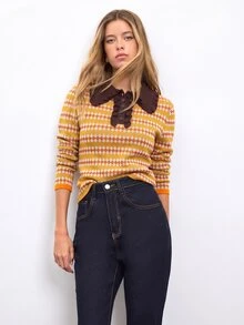 Nöista Women's Jacquard Contrast Color Button Half-Placket Long Sleeve Sweater - Camel - View 1
