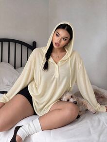 Vibekara 休閒優雅極簡風連帽寬鬆顯瘦套頭內搭T恤，大尺碼女款，秋冬灰色 - 杏色 - 查看 4