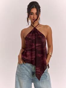 SHEIN BAE 女款掛脖背心上衣，休閒極簡度假波希米亞優雅浪漫復古紅色抽象紮染印花圖案，女款秋季服飾，秋季穿搭，女款通勤穿搭，基礎上衣，外出穿搭，機場穿搭 - 彩色 - 查看 4