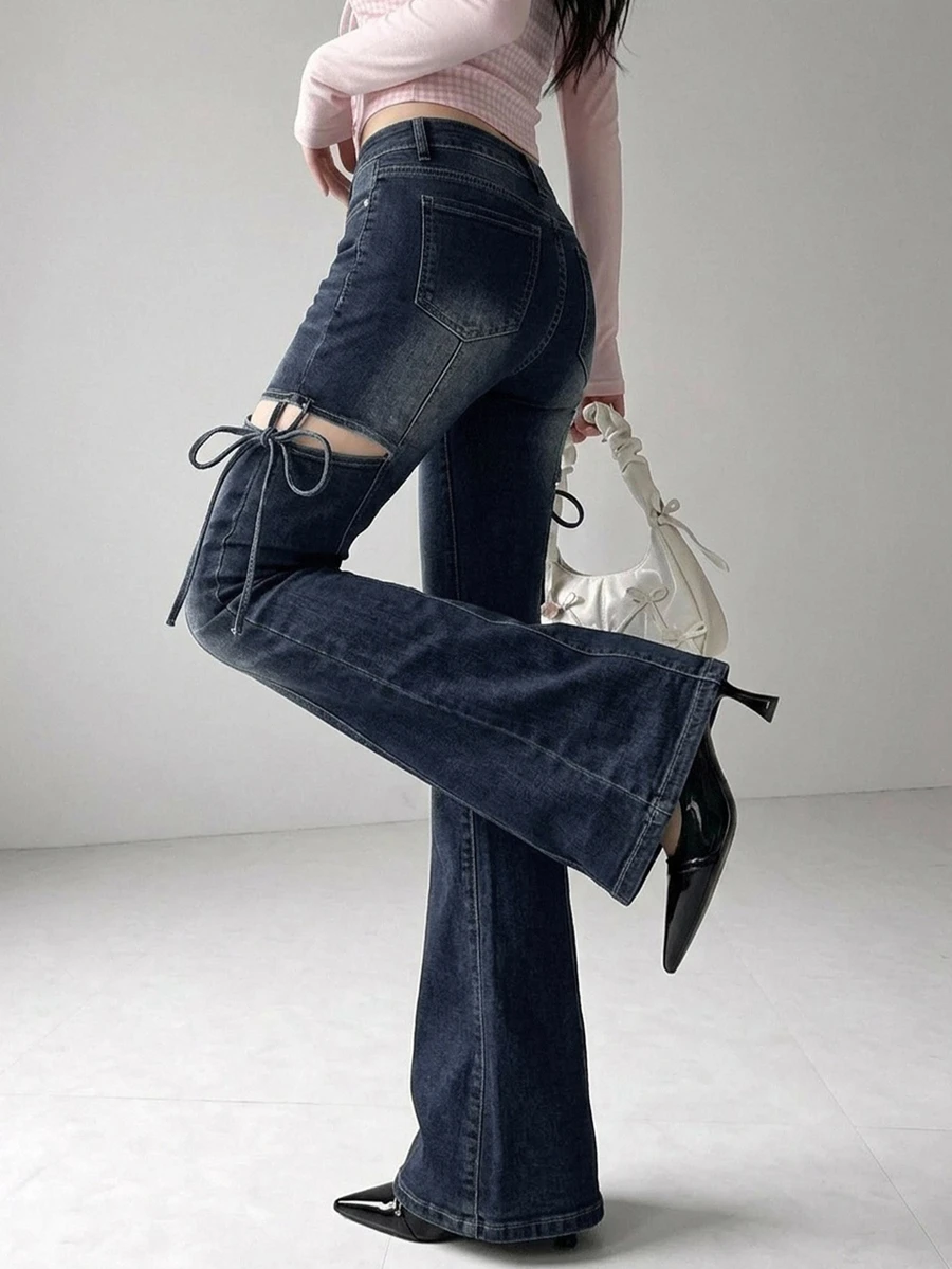 FRIFUL Quần jean denim nữ thường ngày phong cách casual có túi, cúc và thiết kế mài rách - Màu xanh lam - Xem 1
