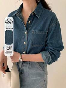DAZY Light Wash Blue Collared Pocket Loose Long Sleeve Denim Shirt Spring Summer Autumn - Blue - View 1