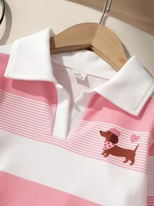 SHEIN 女童休閒 Polo 領兩件套，白色對比翻領粉色印花長袖上衣 + 粉色高腰 - 粉色 - 查看 5