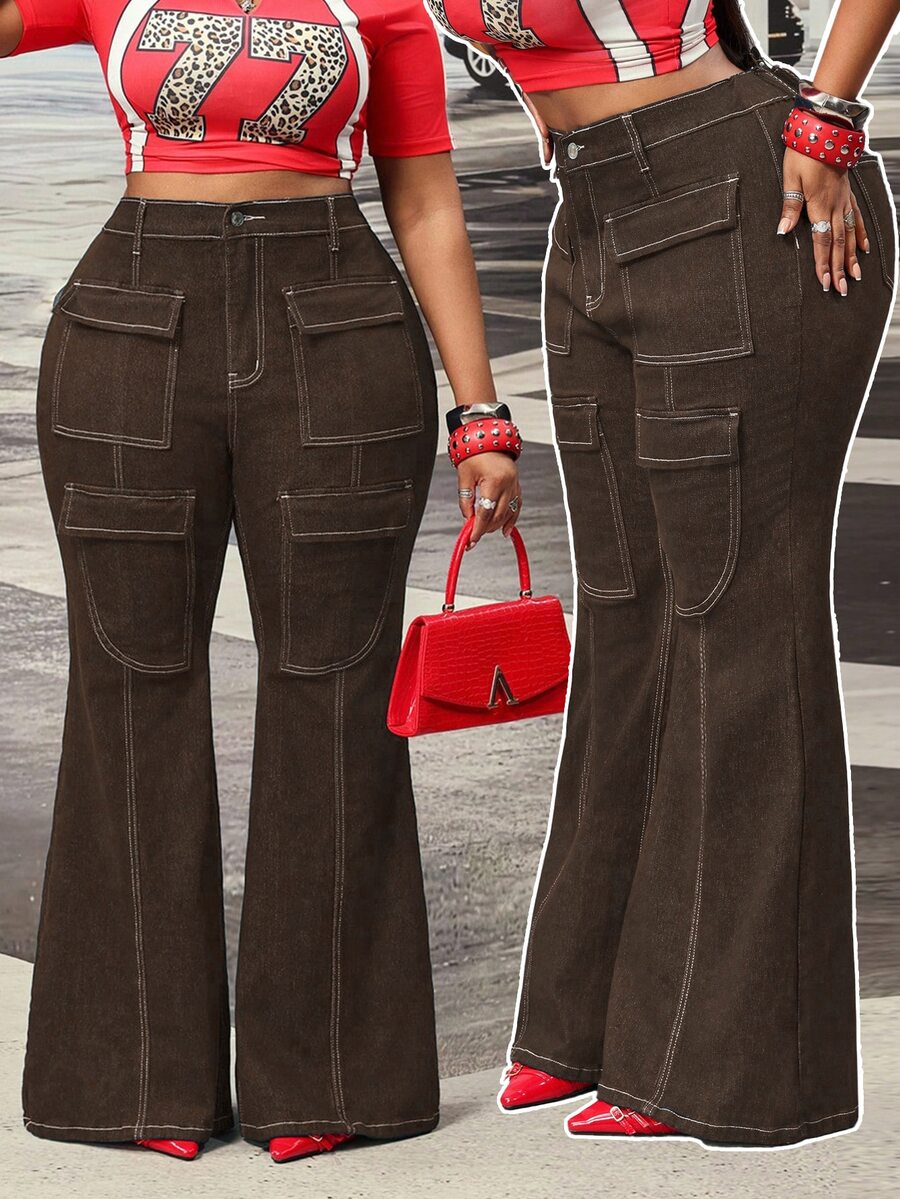 Slaydiva Plus Size Women's Slightly Stretchy Denim Jeans Cowboy Outfits For Women - Coffee Brown - View 1