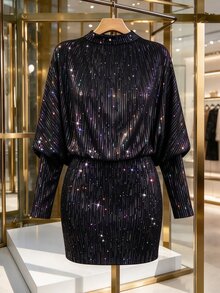 GlowEve CURVE Women's Autumn/Winter Shiny Cowl Neck Bodycon Long Sleeve Short Dress - Black - View 2