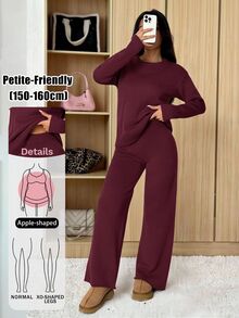 SHEIN PETITE 女款純色圓領長袖毛衣與長褲休閒套裝，標準版型，秋冬小個子居家室內度假咖啡棕 - 中紫紅色 - 查看 11