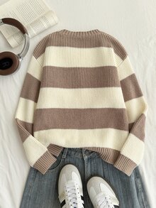 SHEIN 1件女童毛衣，時尚經典拼色白色，極簡街頭風百搭圓領休閒寬鬆款，適中厚度，秋冬穿著 - 彩色 - 查看 2
