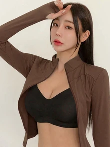 DAZY 女款純色彈性小立領修身長袖夾克，運動休閒，春秋款 - 摩卡棕 - 查看 3