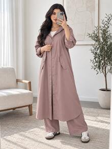 Solavon Plus Size Button Long Sleeve Jacket And Loose Pants 2 Pieces Set - Grey - View 4