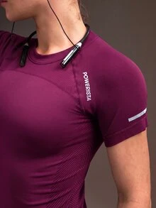 Powerista 女款字母印花插肩袖短袖運動機能上衣 T-shirt 無縫健身訓練運動跑步休閒健身房露背運動休閒外穿上衣 - 玫瑰紅 - 查看 1