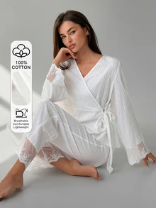 Livesso Women's Lace Patchwork Tie-Up Top And Long Pants Pajama Set - White - View 1