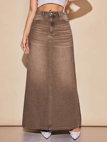 SHEIN EZwear 女款秋季休閒復古鈕扣拉鍊加厚牛仔長裙，棕色通勤辦公百搭牛仔裙 - 棕色 - 查看 3
