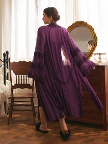 Côtesoire Plus Size Women Lace Patchwork Camisole Dress And Cardigan Casual Sleepwear Set - Purple - View 3