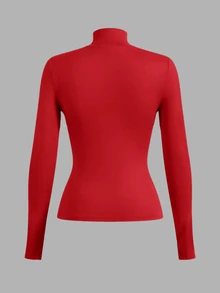 SHEIN BASICS 女款奶油白色立領上衣，修身剪裁，長袖，假領，秋季女款，適合辦公室日常，極簡基本款，優雅端莊 - 紅色 - 查看 2