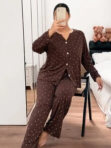Napfluff CURVE Napfluff CURVE Plus Size Women's Knit Ribbed Fabric Heart Print Casual Minimalist Fashion Open Front V-Neck Long Sleeve Long Pants All-Season Wearable Lounge Set - Brown - View 7