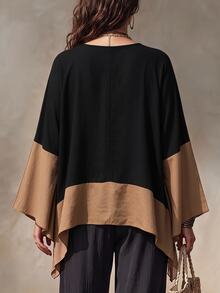 Linhara CURVE Colorblock Patchwork V-Neck Cover Up, Loose Batwing Sleeve Lightweight Atmospheric Shirt Top - Black - View 3