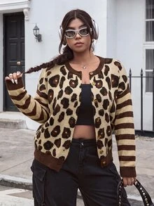 SHEIN EZwear 大尺碼女款豹紋條紋拼接前扣開襟衫，休閒 1950 年代復古 1920 年代風格，適合秋冬辦公室、音樂會，米色 - 咖啡棕 - 查看 3