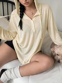 Vibekara 休閒優雅極簡風連帽寬鬆顯瘦套頭內搭T恤，大尺碼女款，秋冬灰色 - 杏色 - 查看 6