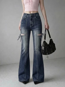 FRIFUL Quần jean denim nữ thường ngày phong cách casual có túi, cúc và thiết kế mài rách - Màu xanh lam - Xem 3