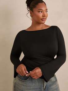 Travachic CURVE+ Black Open Shoulder Long Sleeve Thermal Base Layer Top, Ruched Waist Fitted Tee, Fall Winter - Black - View 3