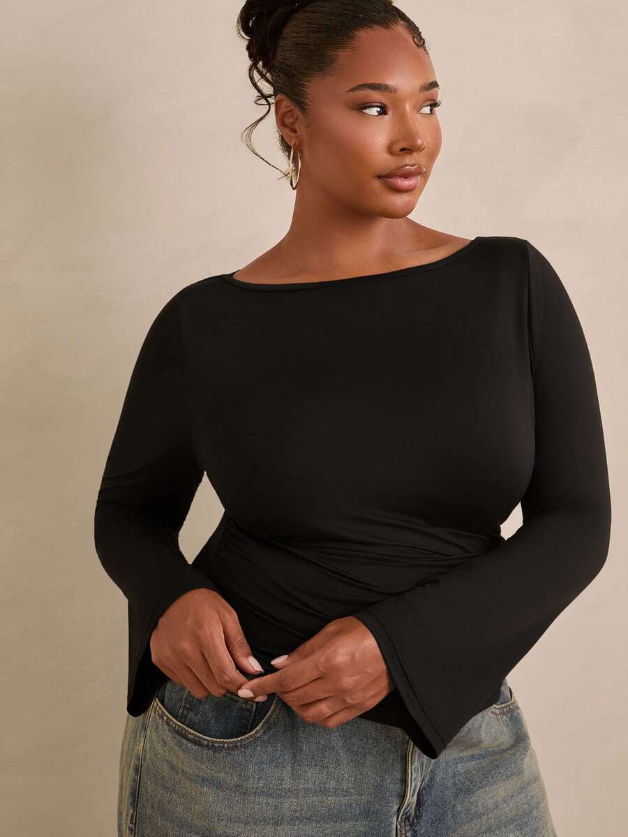 Travachic CURVE+ Black Open Shoulder Long Sleeve Thermal Base Layer Top, Ruched Waist Fitted Tee, Fall Winter - Black - View 1
