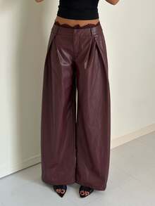 Aloruh Women's Autumn/Winter Party Elegant Lace Patchwork PU Wide Leg Pants - Burgundy - View 4