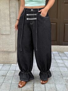 Rivivi Plus Size Women Non-Stretch Denim Cuffed Deep Blue Striped Lantern Pants Cowboy Outfits For Women - Black - View 3