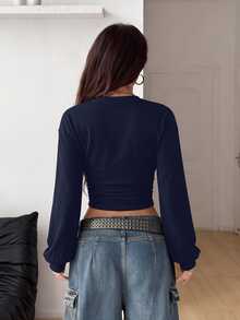Coolane Women's Solid Color Round Neck Long Sleeve Ruched Casual Sweatshirt - Navy Blue - View 2