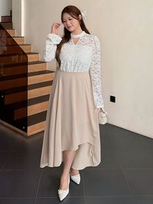 Bijouette Gaun Lengan Panjang Renda Patchwork Lembut untuk Wanita Ukuran Plus, Cocok untuk Pemakaian Sehari-hari dan Kencan - Putih - View 5