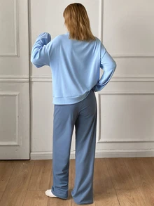 DAZY 2pcs/Set Women's Pajama Set With Heart Puppy Pattern Loose Long Sleeve Sweatshirt And Solid Color Straight Leg Long Pants Sleep Light Blue Cute Casual - Blue - View 2