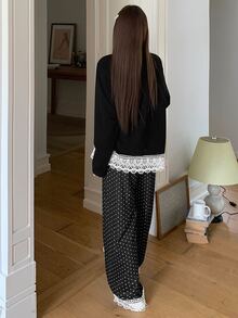 DAZY Women's Contrast Lace Hem Button Design Top And Long Pants Pajama Set - Black - View 2