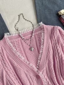 Elamini Minimalist Sexy Sweet Girl Lace Trim Puff Sleeve Cropped Cable Knit Cardigan, Single Button V-Neck Short Outerwear Vest - Pink - View 4