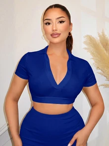 SHEIN SXY 夏季休閒性感純色修身短版T恤，適合日常穿著、外出與夜生活，黑色 - 寶藍色 - 查看 3