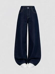 SHEIN ICON 大尺碼女款休閒百搭牛仔長褲，附口袋與鈕扣，世界盃、日、海灘、Y2K、返校季，深色水洗夏季日常穿著 - 深色水洗藍 - 查看 7