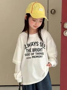 Dazy Kids Tween Girl Letter Graphic 2 In 1 Patchwork Casual Versatile Daily Wear T-Shirt - White - View 3