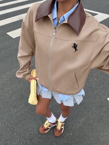Muchica 女款秋季騎士印花對比色領長袖休閒夾克 粉色寬鬆學院風韓系時尚外套 - 卡其色 - 查看 5