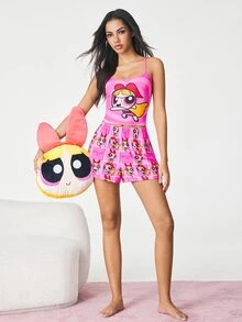 THE POWERPUFF GIRLS X SHEIN Set Piyama Atasan Camisole dan Celana Pendek Motif Kartun untuk Wanita - Baby Pink - View 5