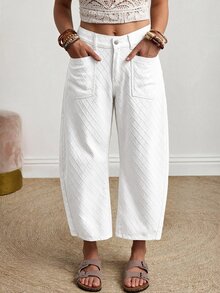 Breezaya Plus Size Textured Button Denim Cropped Curved Leg Pants - White - View 5