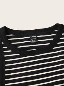 SHEIN BASICS 女款條紋圓領休閒百搭背心 - 黑與白 - 查看 4