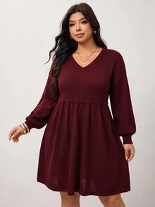 Enliva Plus Size Women Solid Color Pleated V-Neck Casual Everyday Knit Dress - Burgundy - View 4